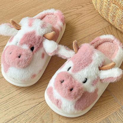 Fuzzy Cow Print Plush House Slippers