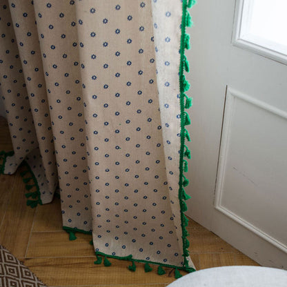 Blue Daisy Green Cotton Curtain