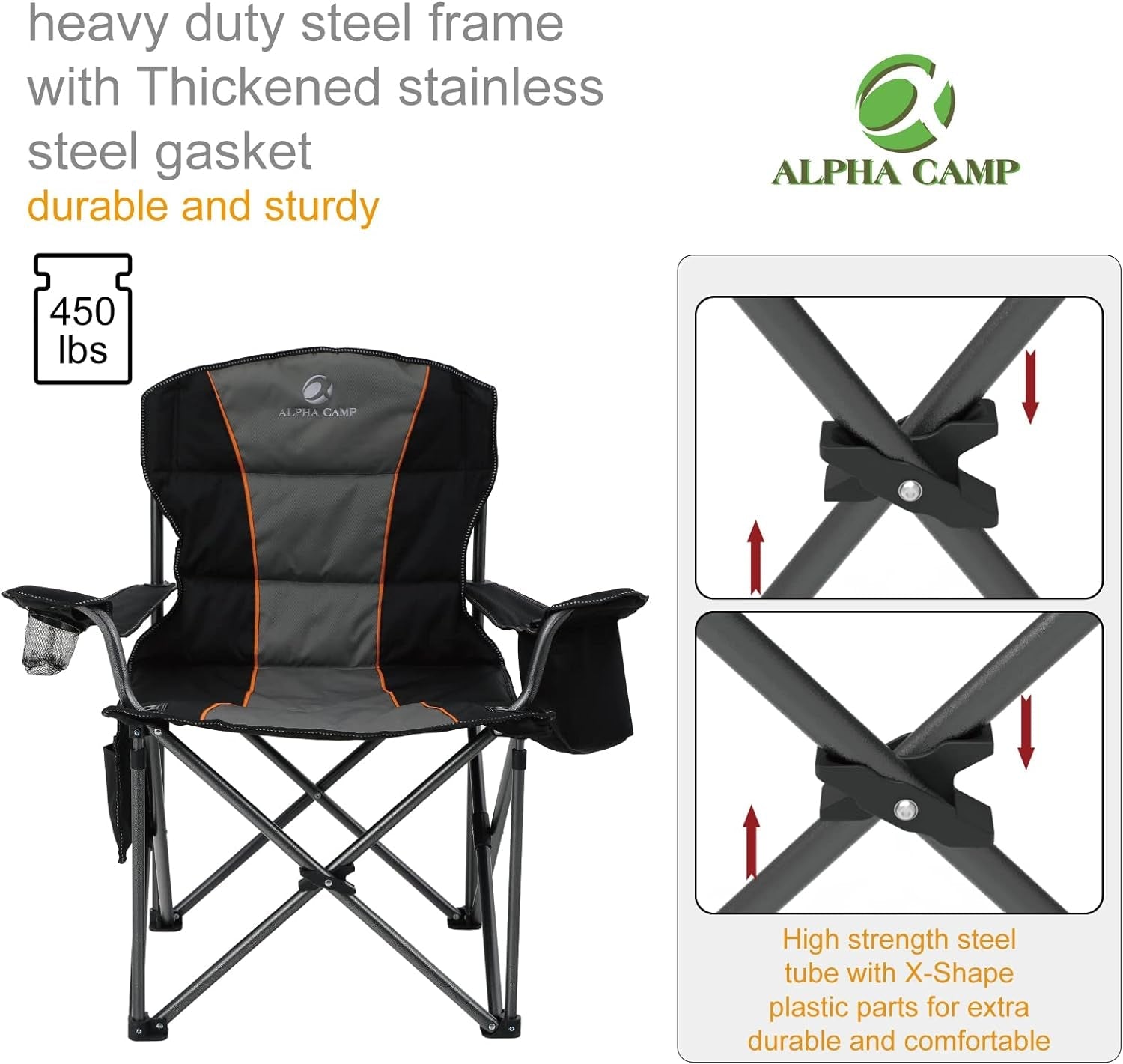 ALPHA CAMP Oversized Camping Folding Chair, Heavy Duty Support 450 LBS Steel Frame Collapsible Padded Arm Chair with Cup Holder Quad Lumbar Back, Portable for Outdoor,Black Camping & Hiking Camping Furniture Chairs Outdoor Recreation Sports & Outdoors