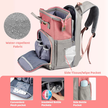 COSYLAND Diaper Bag Backpack Large Capacity Baby Bag for Boy Girl Water-Repellent Multifunction Travel Back Pack with Changing Pad & Stroller Straps for Mom Dad, Pink/Grey Baby Products Backpacks Diaper Bags Diapering