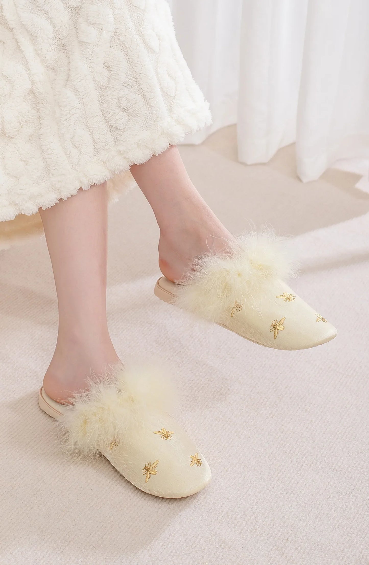 Fluffy Embroidered Bee Satin House Slippers