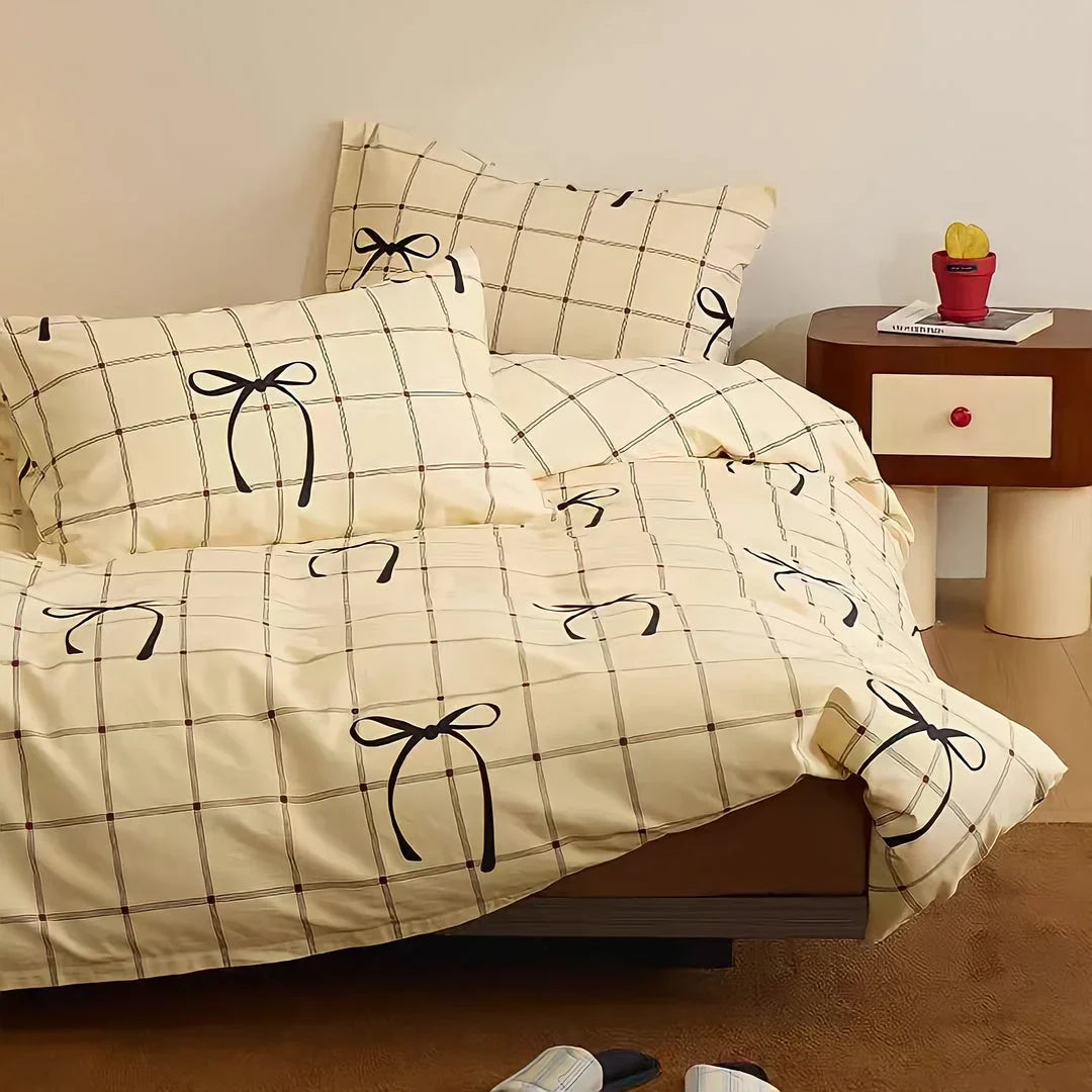 Soft Bow & Plaid Cotton Bedding Set