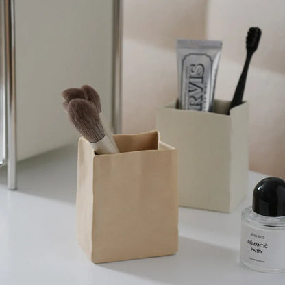 Textured Crumpled Paper Bag Ceramic Desktop Organizer