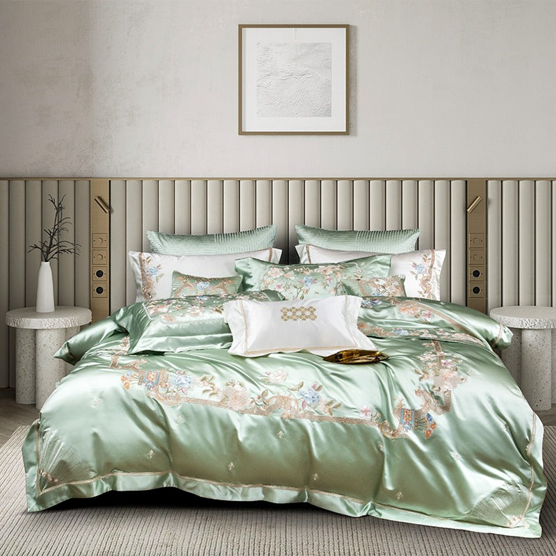 Esana Green Embroidered Egyptian Cotton Satin Bedding Set