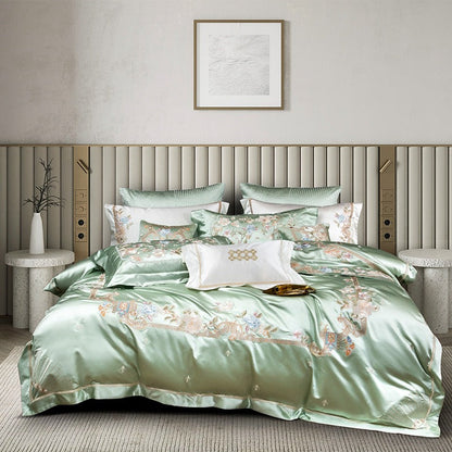 Esana Green Embroidered Egyptian Cotton Satin Bedding Set