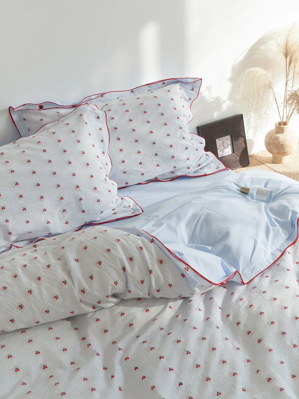 Ruffled Cherry Print Washed Cotton Bedding Set