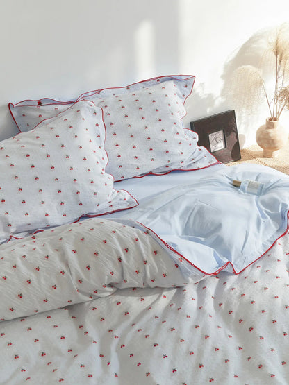 Ruffled Cherry Print Washed Cotton Bedding Set