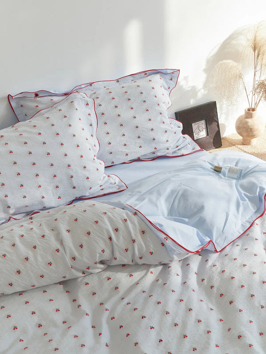 Ruffled Cherry Print Washed Cotton Bedding Set