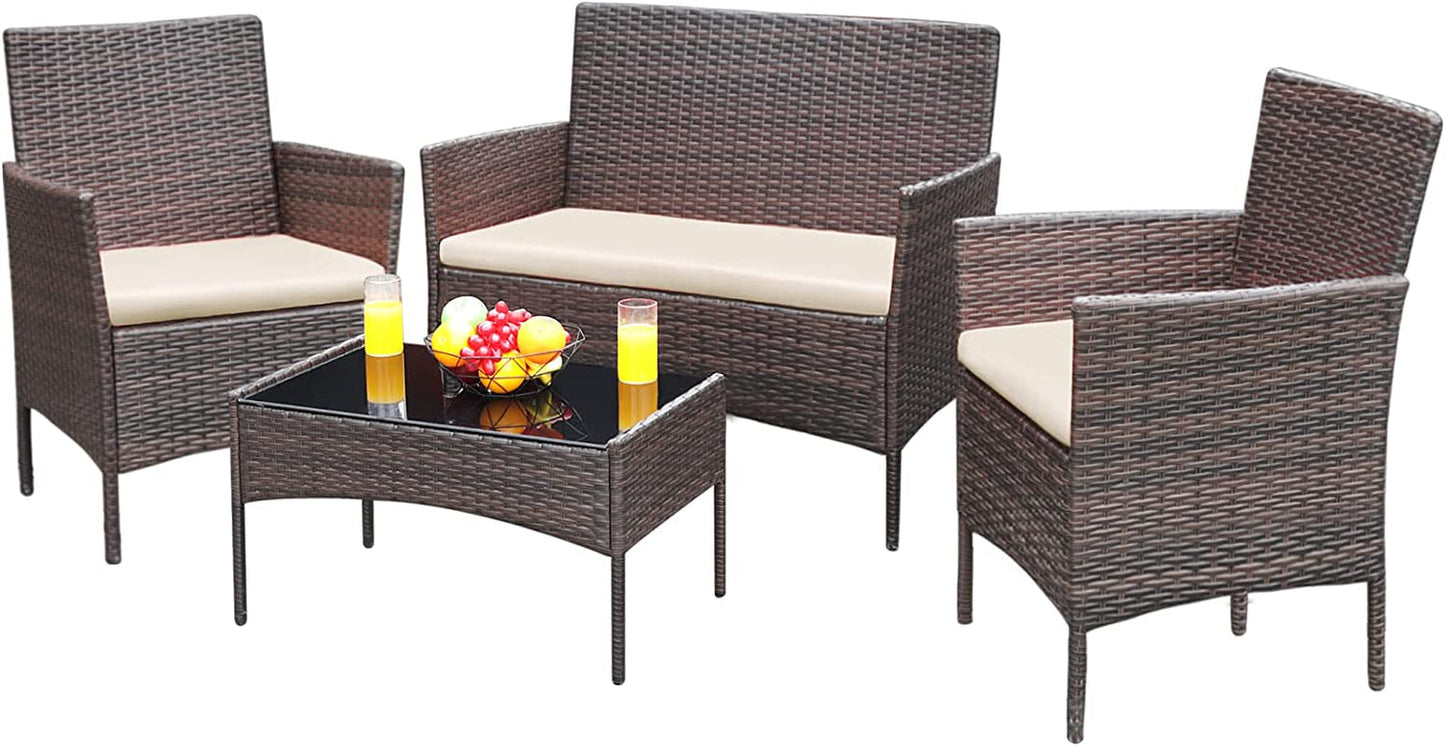 Greesum Patio Furniture 4 Pieces Conversation Sets Outdoor Wickerr Rattan Chairs Garden Backyard Balcony Porch Poolside Loveseat with Soft Cushion and Glass Table, Gray and Beige Conversation Sets Lawn & Garden Patio Patio Furniture & Accessories Patio Furniture Sets