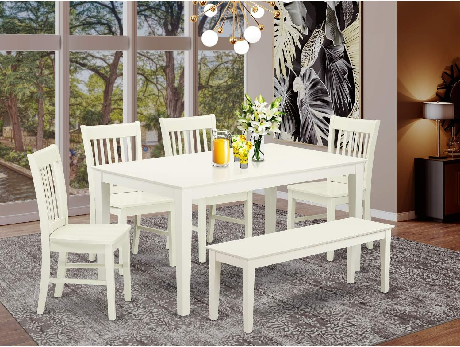 East West Furniture CANO6-OAK-W Capri 6 Piece Room Furniture Set Contains a Rectangle Kitchen Table and 4 Dining Chairs with a Bench, 36X60 Inch Dining Room Furniture Furniture Home & Kitchen Table & Chair Sets