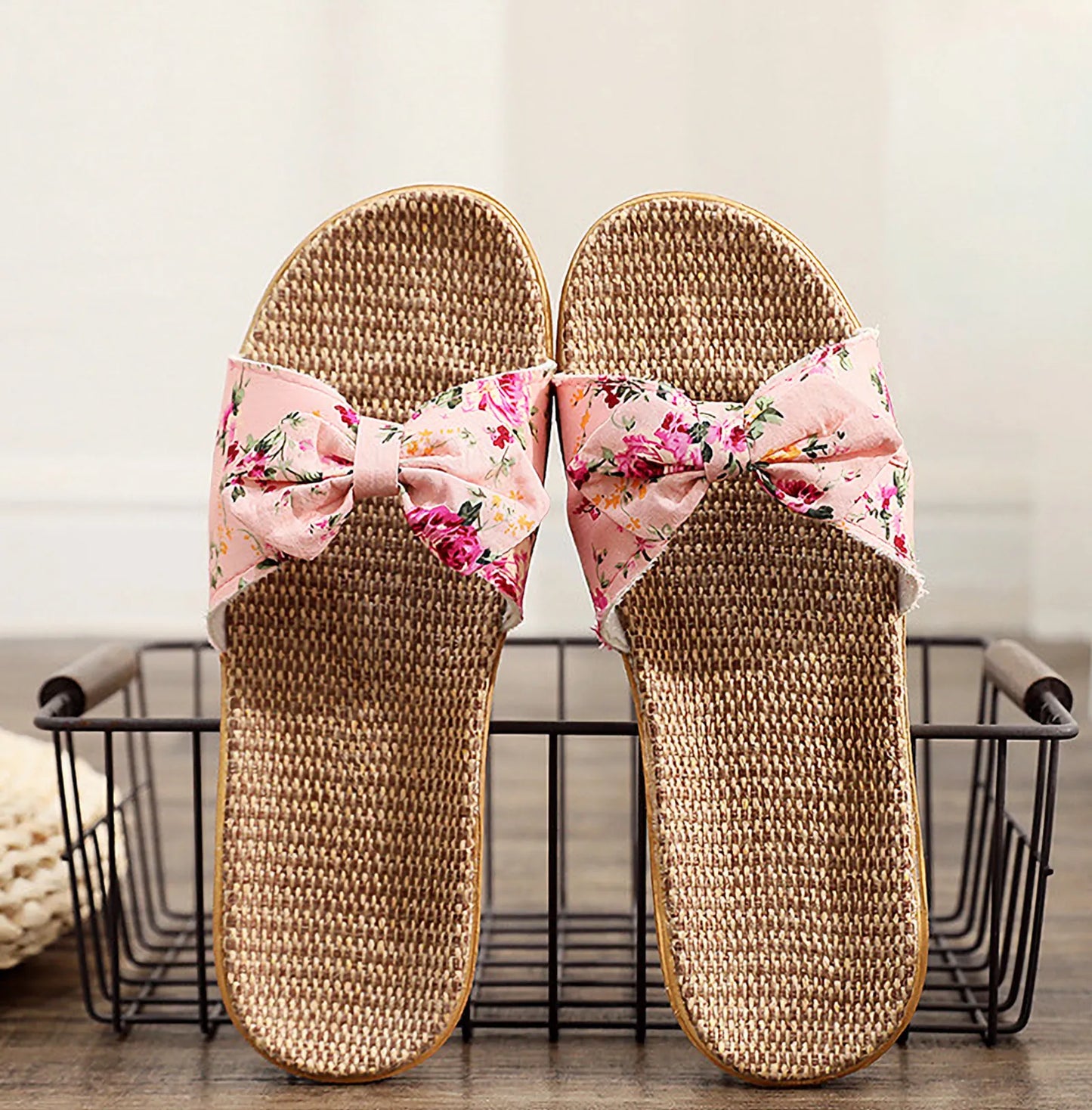Woven Floral Bow Linen House Slippers