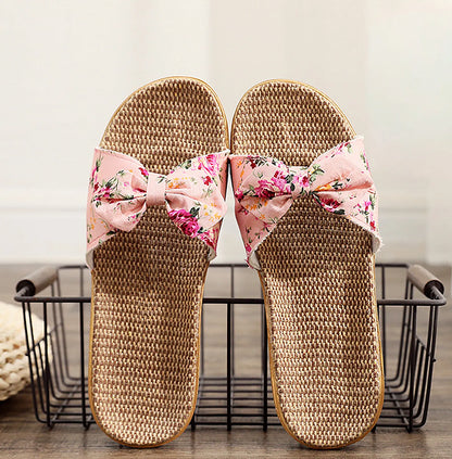Woven Floral Bow Linen House Slippers