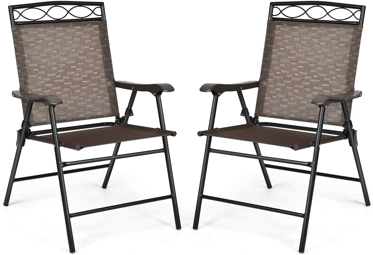 Giantex Set of 4 Patio Folding Dining Chairs for Camping, Beach, Backyard, Deck Portable W/Armrest and Metal Frame, 4-Pack (Brown) Chairs Lawn & Garden Patio Patio Dining Chairs Patio Furniture & Accessories Patio Seating