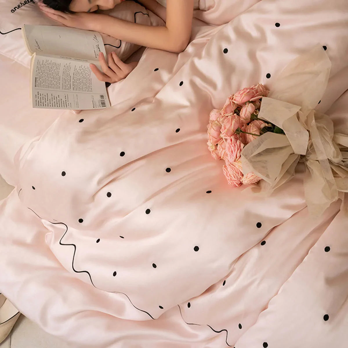 Silky Pom Pom Wavy Embroidered Tencel Bedding Set