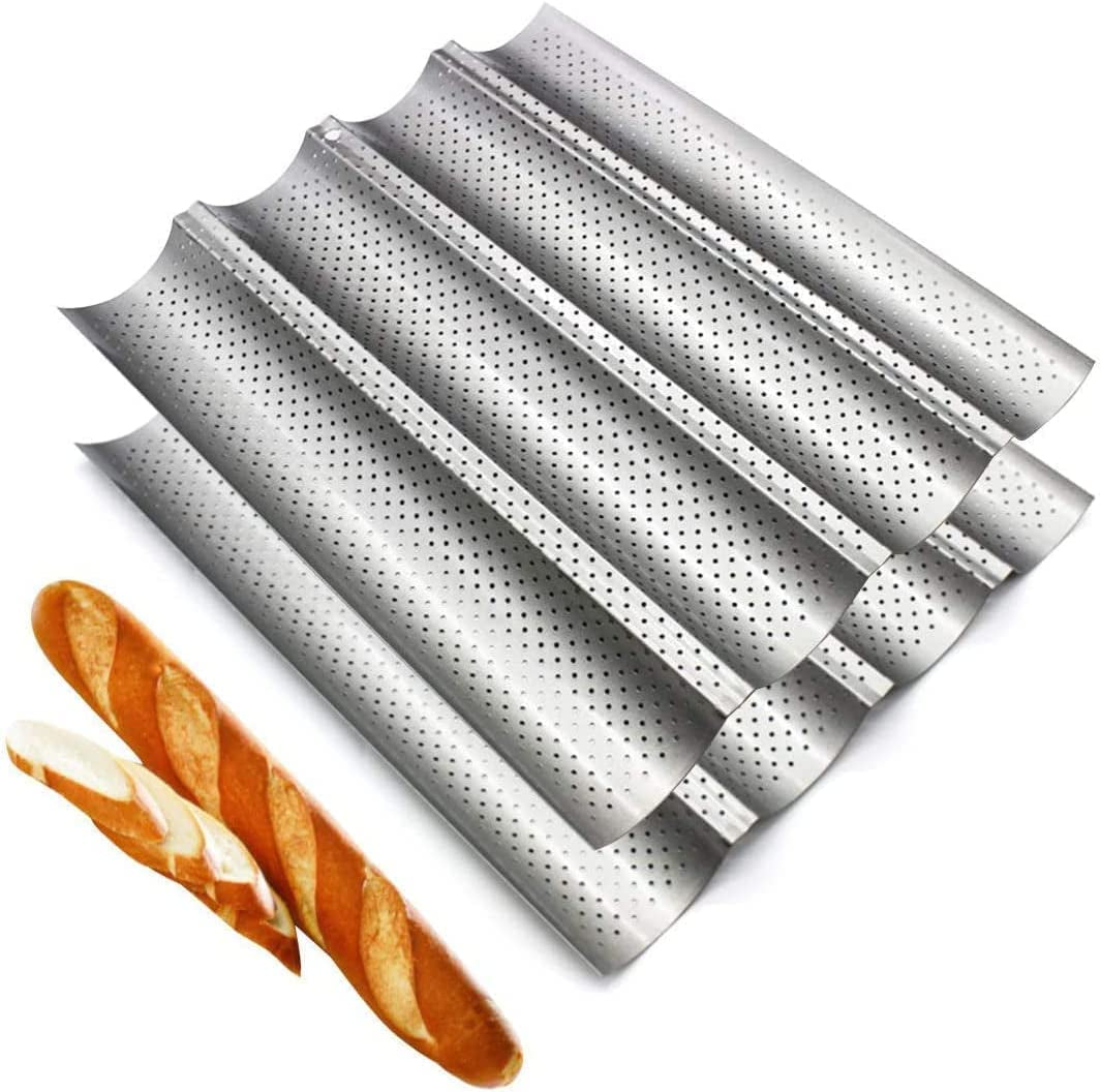 Fasmov 2 Pack Baguette Pan, 15" X 13"French Bread Baking Pan Nonstick Perforated Baguette Pan 4 Wave Loaves Loaf Bake Mold Toast Cooking Bakers Molding, Silver Bakeware Bread & Loaf Pans French Bread & Baguette Pans Home & Kitchen Kitchen & Dining