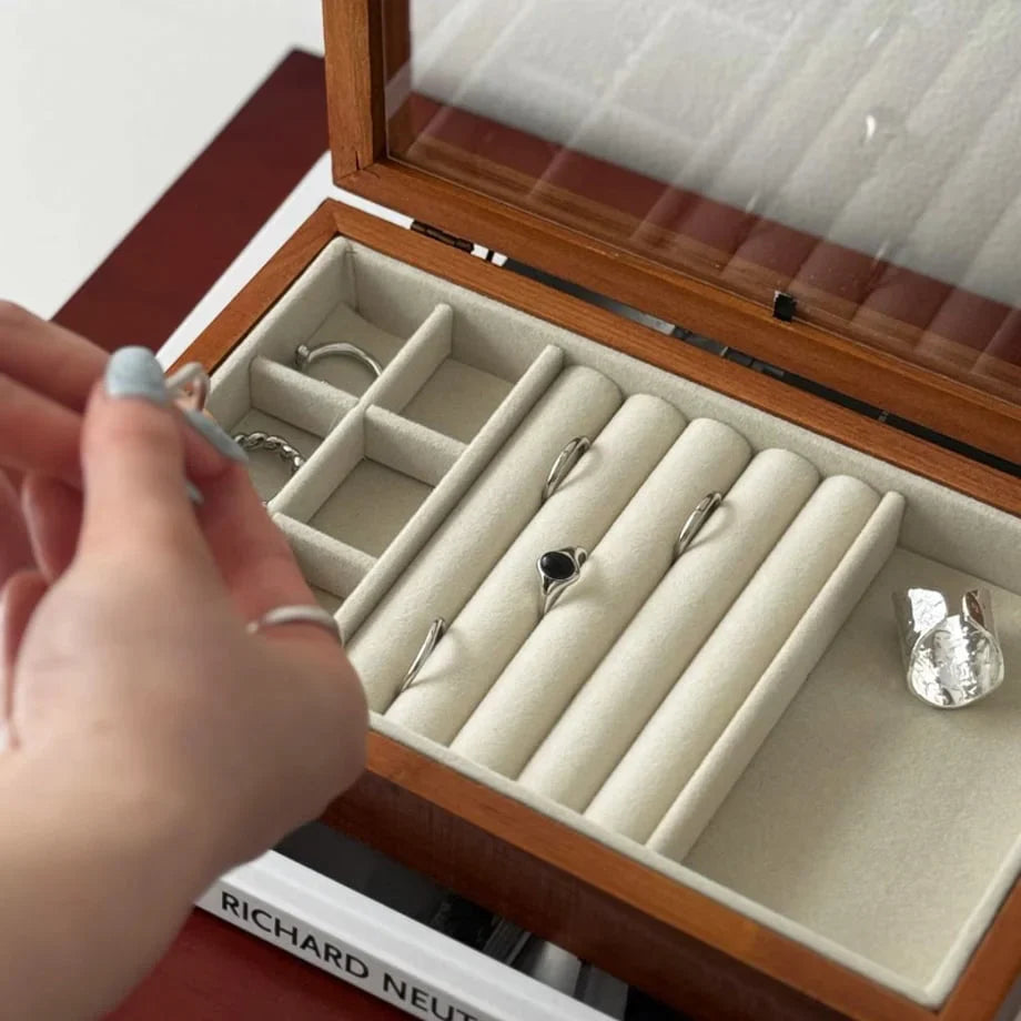 Polished Wood Jewelry Organizer with Glass Lid