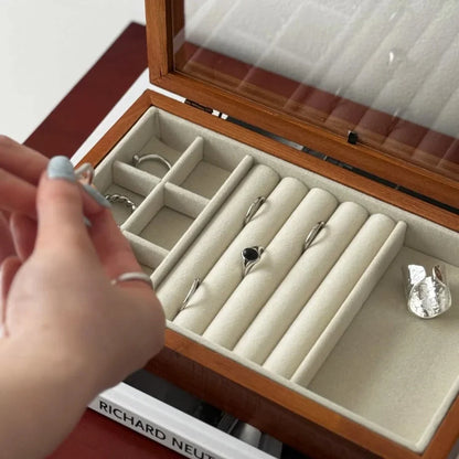 Polished Wood Jewelry Organizer with Glass Lid