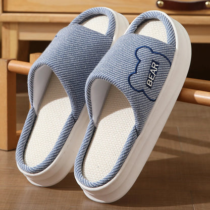 Breathable Woven Embroidered Bear Linen House Slippers