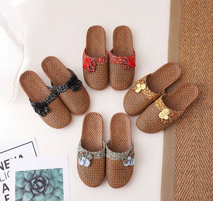 Woven Floral Natural Rattan House Slippers
