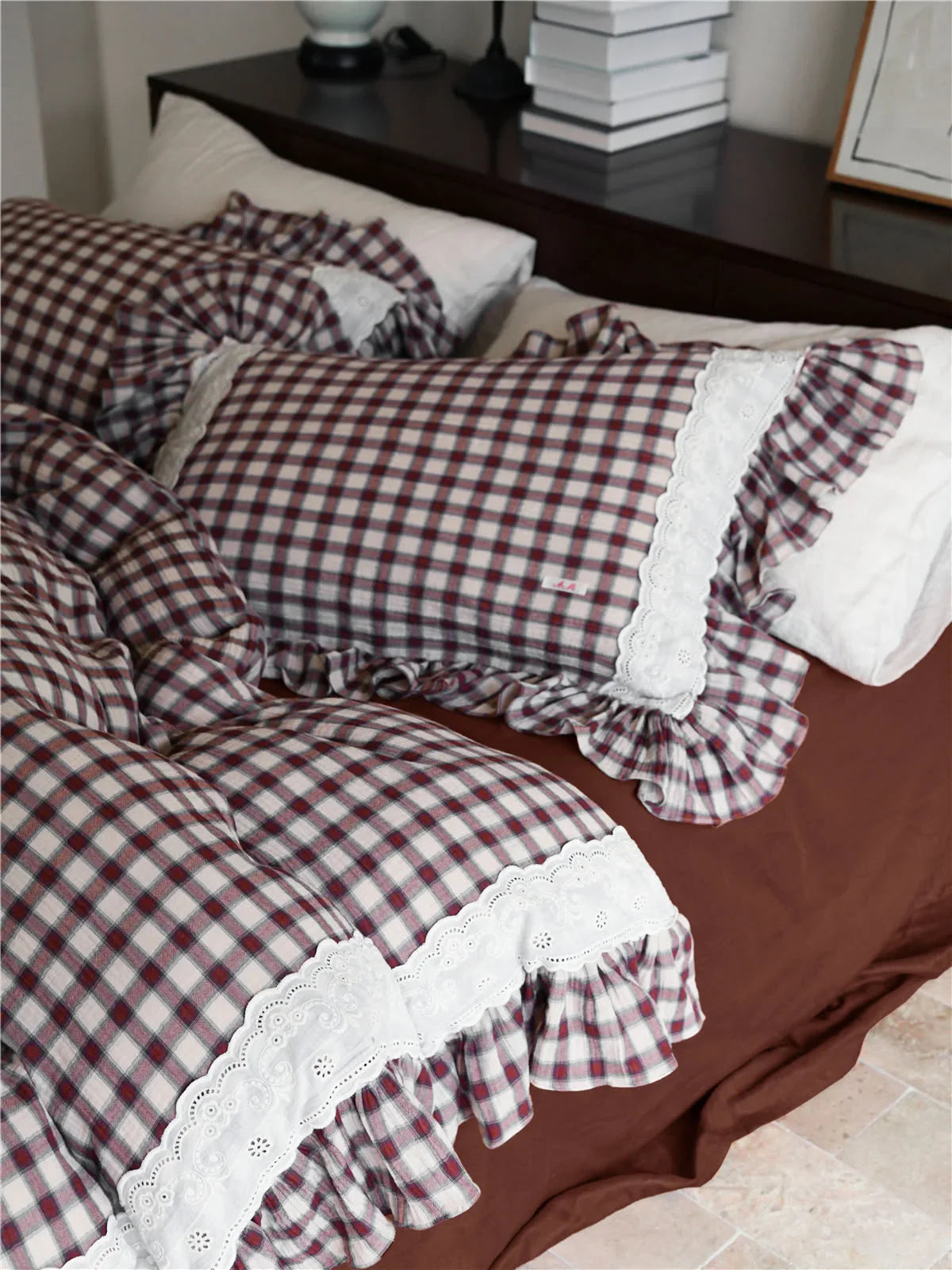 Lace Ruffle Gingham Washed Cotton Bedding Set