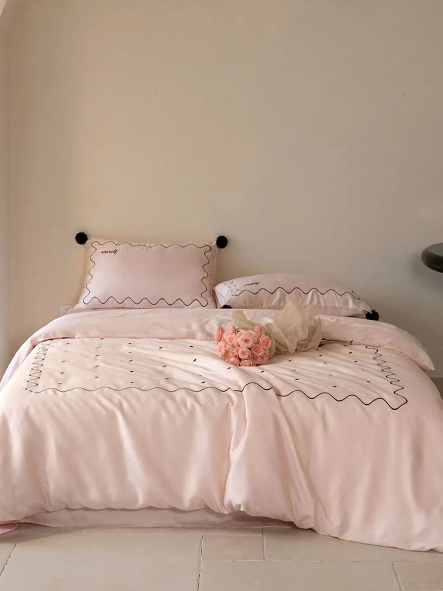 Silky Pom Pom Wavy Embroidered Tencel Bedding Set