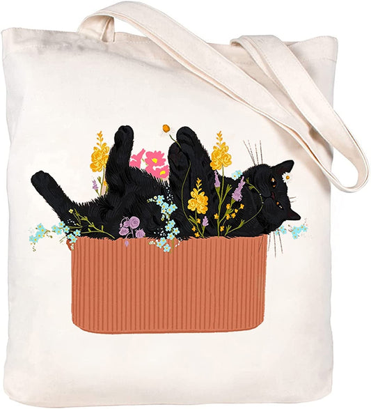Fertkxsi Canvas Tote Bag Cute Cat Book Totes of Reusable Grocery Tote Bag for Shopping Travel Lunch Bags for Girls Women Home & Kitchen Kitchen & Dining Luggage & Bags Reusable Grocery Bags Shopping Totes Storage & Organization Travel & To-Go Food Containers