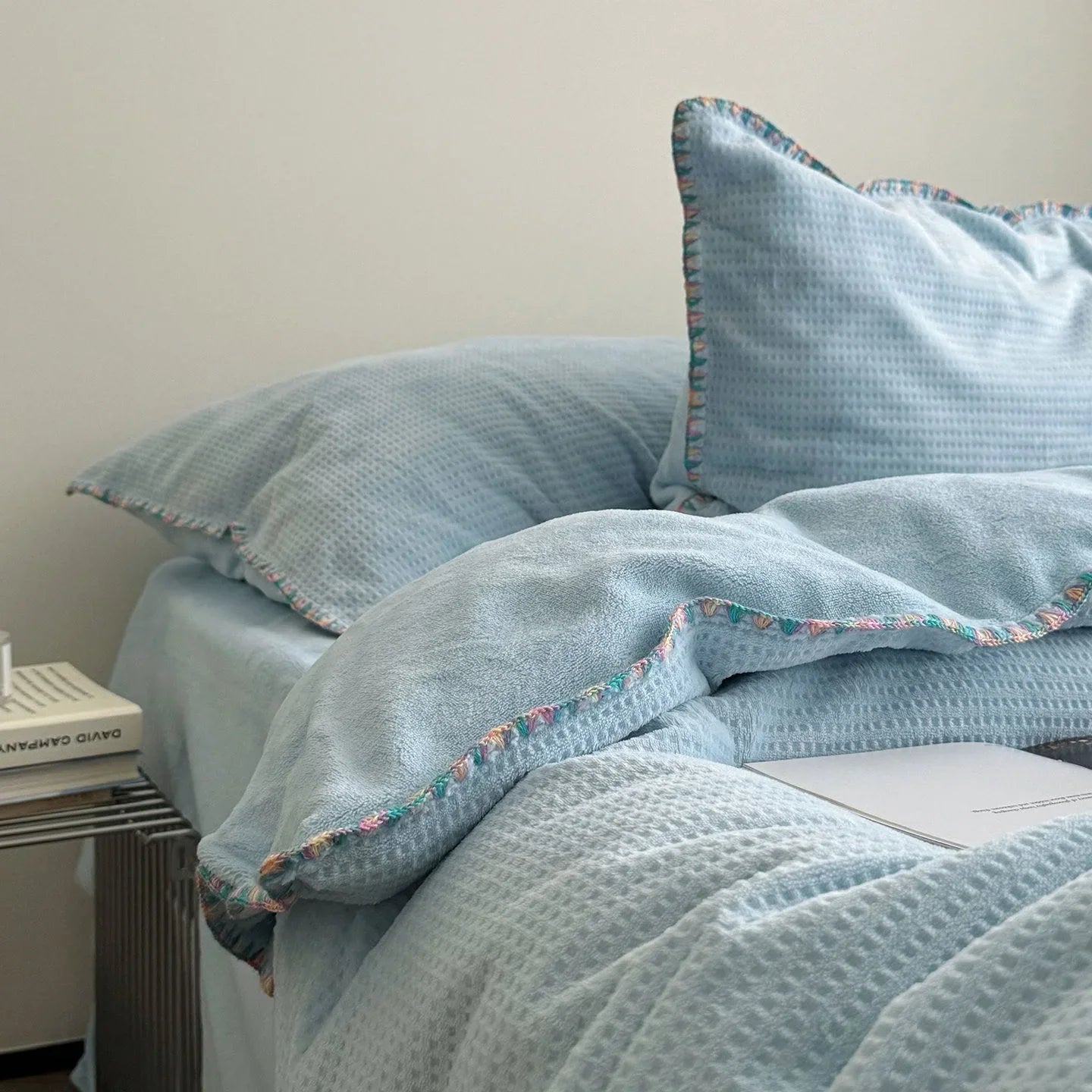 Plush Waffle Fleece Bedding Set with Crochet Trim