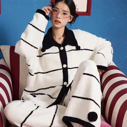 Plush Striped Fleece Pajama Set with Bow Detail