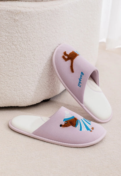 Plush Embroidered Dachshund Slides Polyester House Slippers