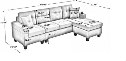 Gray Sectional Sofa with Reversible Left/Right Chaise Lounge and 2 Cup Holders, 4-Seat L-Shaped Couch for Home Apartment Living Room Compact Space Furniture Furniture Home & Kitchen Living Room Furniture Sofas & Couches