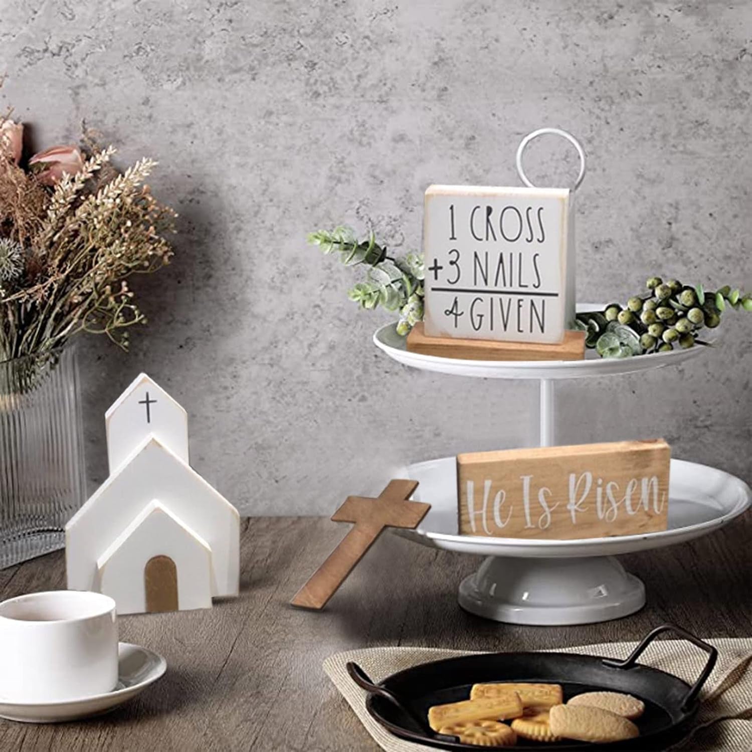 Easter Decorations, Easter Decor Farmhouse Rustic Tiered Tray Signs Rustic Easter Decoration for Home Table Kitchen (B) Home & Kitchen Home Décor Accents Home Décor Products Wall Pediments