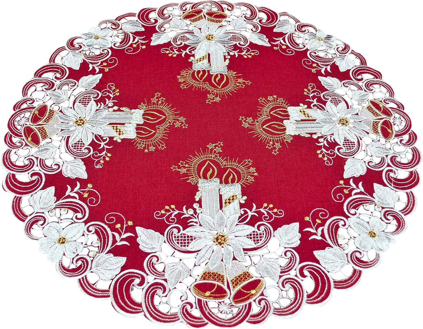 Napperon rouge brodé avec bougies de Noël, cloches et poinsettia, petit dessus de table (rond de 61 cm)