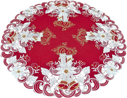 Tischset mit Weihnachtskerzen, Glocken und Weihnachtsstern, besticktes rotes Deckchen, kleiner Tischaufsatz (rund 61 cm)