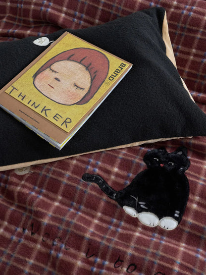Plush Plaid Cat Embroidered Flannel Fleece Bedding Set