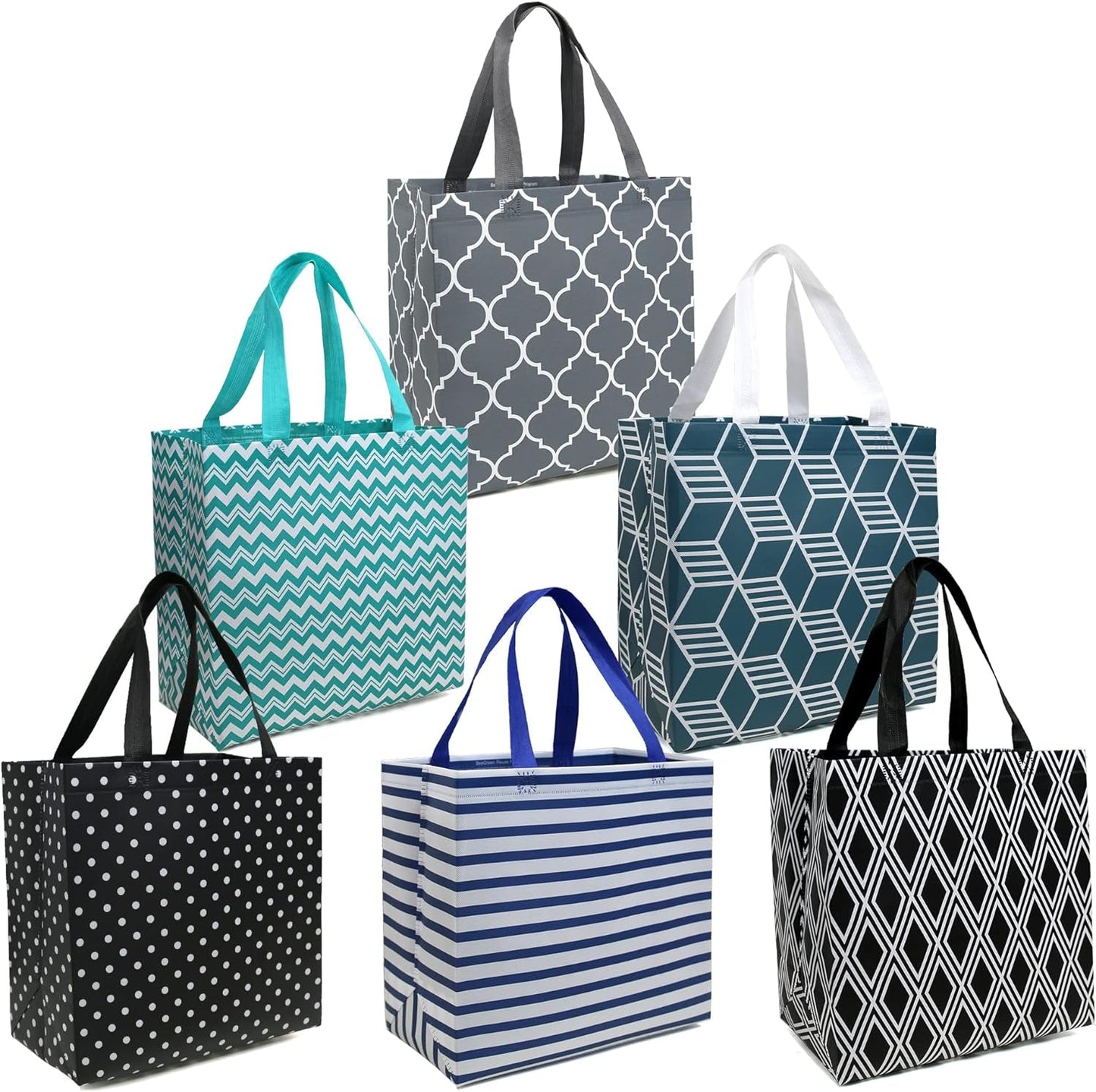 Beegreen 6 Pack Reusable Tote Bags for Shopping Large Gift Bags Lightweight Farmer Market Grocery Shopper Bag with Long Handle Cute Geometric Design Black Grey Pink Green White Home & Kitchen Kitchen & Dining Reusable Grocery Bags Storage & Organization Travel & To-Go Food Containers