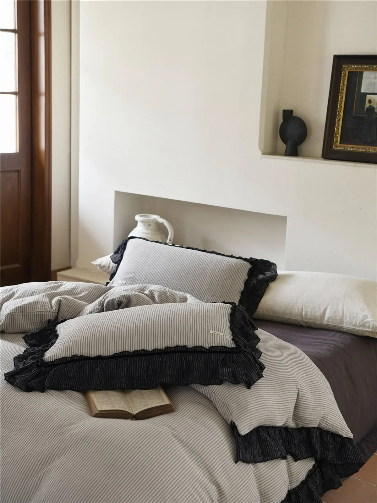 Ruffle Trim Pinstripe Washed Cotton Bedding Set