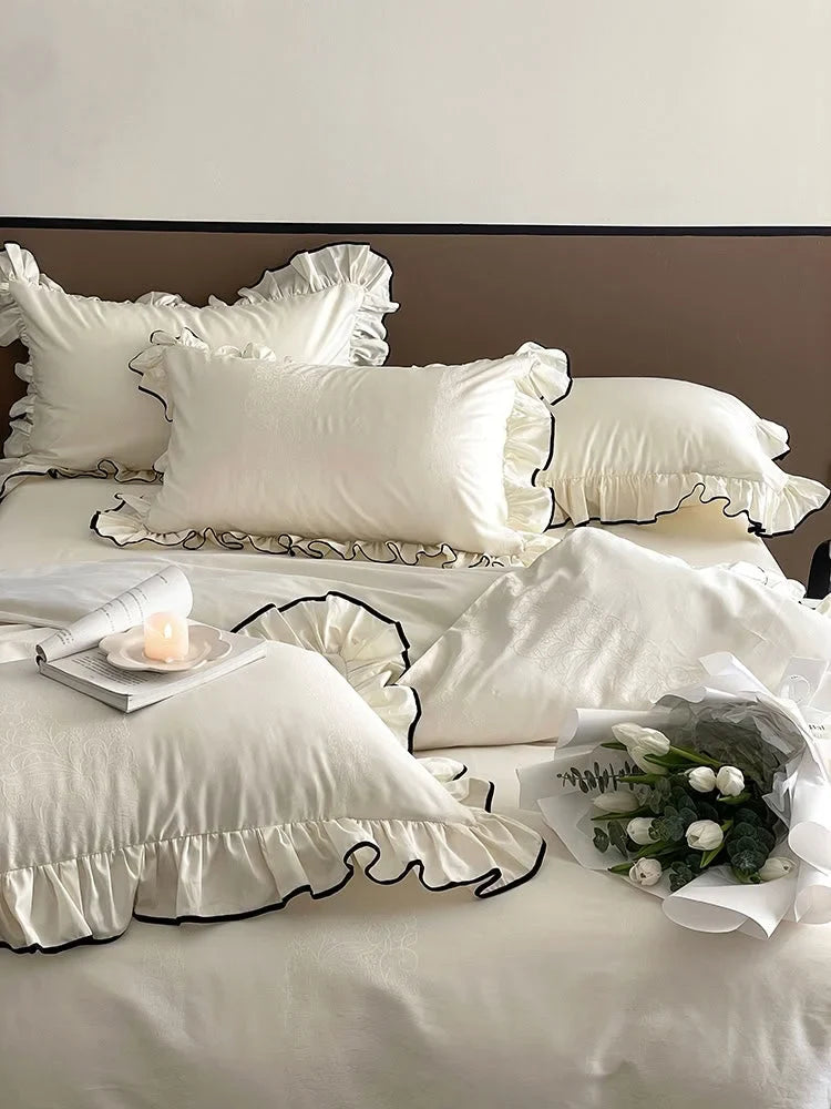 Silky Ruffled Jacquard Tencel Bedding Set with Contrast Trim