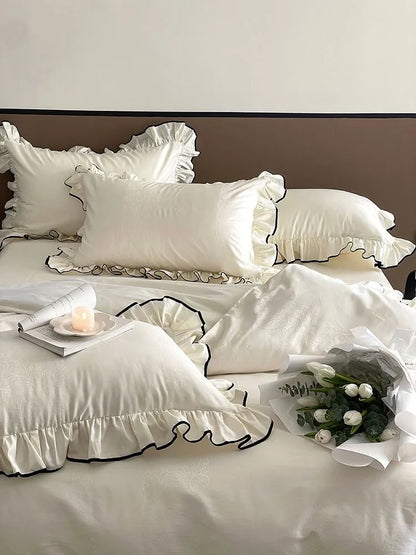 Silky Ruffled Jacquard Tencel Bedding Set with Contrast Trim