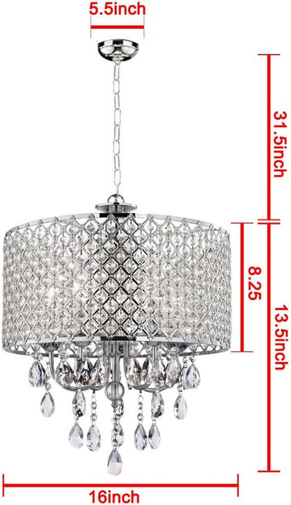 Chrome Finish 4-Light round Chandelier, Drum Crystal Chandelier,Glam Bedroom Ceiling Chandelier Light Fixture, Flush Mounted Crystal Pendant Light Ceiling Lights Chandeliers Lighting & Ceiling Fans Tools & Home Improvement