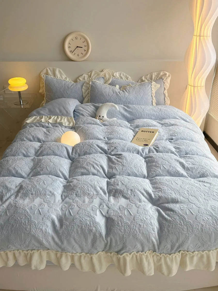 Plush Ruffled Embossed Bow Flannel Fleece Bedding Set