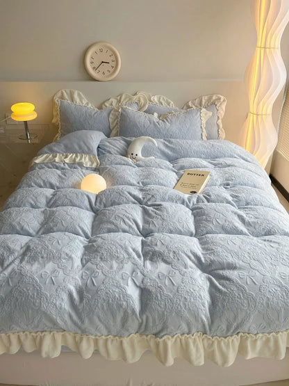 Plush Ruffled Embossed Bow Flannel Fleece Bedding Set