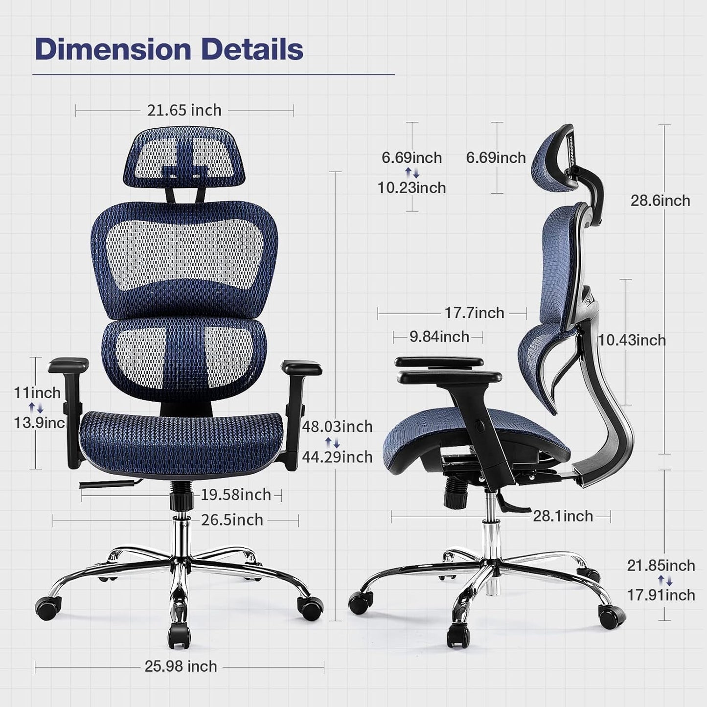 JHK Ergonomic High Back Office Chair with Headrest, Lumbar Support, Movable Armrests, Swivel Mesh Office Chair with 300 Lbs Capacity Adjustable Height for Home Office, Executive, Blue (WY-5283-BU) Chairs & Sofas Managerial & Executive Chairs Office Furniture & Lighting Office Products