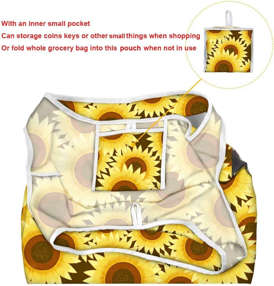 AFPANQZ Sunflower Grogcery Bag Foldable into Attacted Pocket Machine Washable Reusable Shopping Bags for Groceries Polyester Grocery Tote with Handle Heavy Duty Shoulder Totes Storage Yellow Black