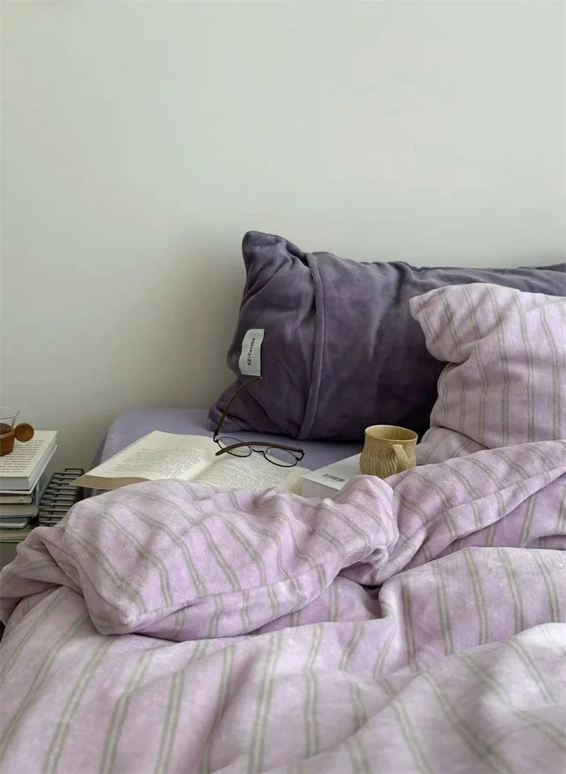 Plush Pinstripe Flannel Fleece Bedding Set