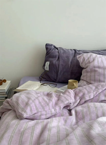 Plush Pinstripe Flannel Fleece Bedding Set
