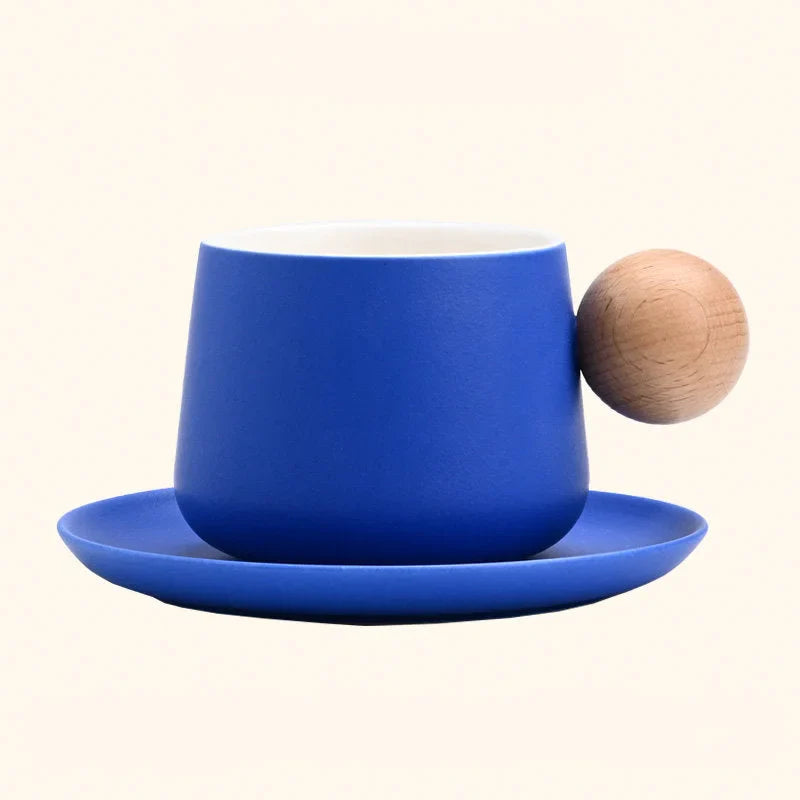 Frosted Ceramic Mug and Saucer with Wooden Ball Handle