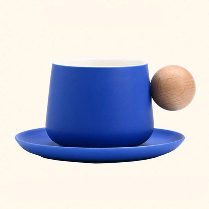 Frosted Ceramic Mug and Saucer with Wooden Ball Handle