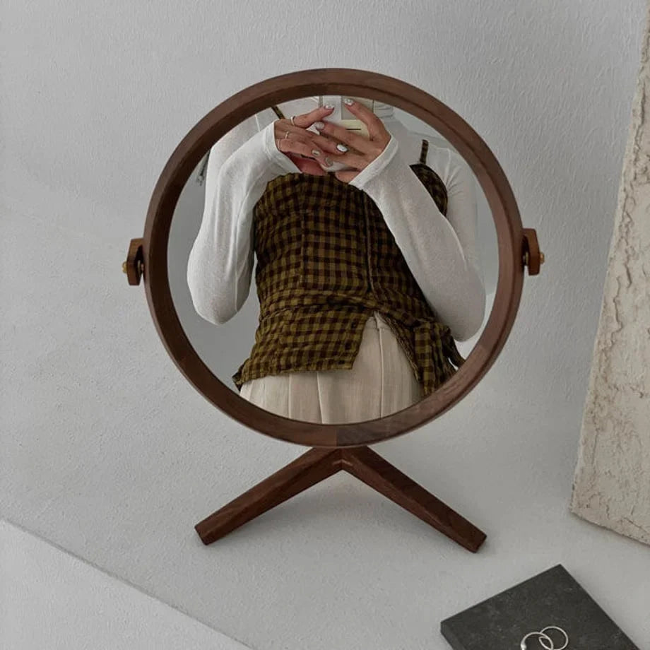 Natural Grain Round Walnut Wood Desktop Mirror
