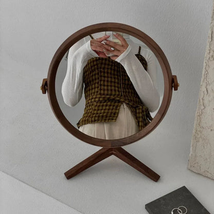 Natural Grain Round Walnut Wood Desktop Mirror