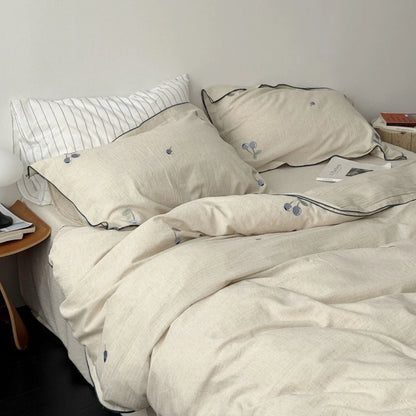 Textured Blueberry Embroidered Linen Bedding Set